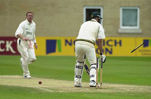 Greg Smith of Notts is clean bowled by Cork for 27 to close the Notts second innings