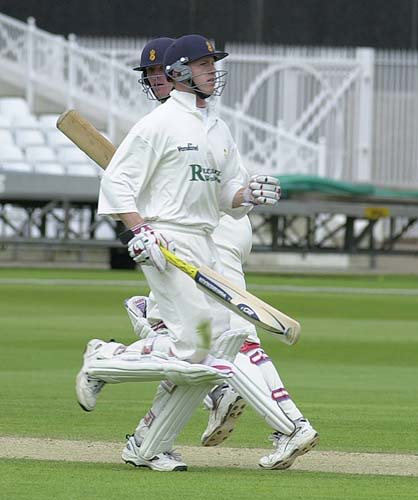 Derbyshire duo Gait, right, and Bassano run on in the Derby second innings run chase