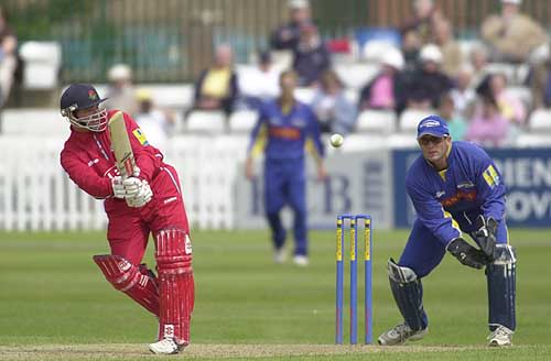 Lancs skipper Warren Hegg flicks a ball to leg