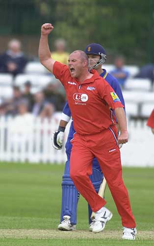 Lancashire's John Wood lets his feelings be known after bowling Andrew Gait for 16