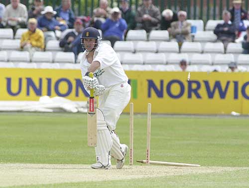 Dominic Hewson is clean bowled by Lawson for 47