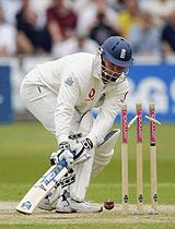 Martin Saggers is bowled by a slower ball