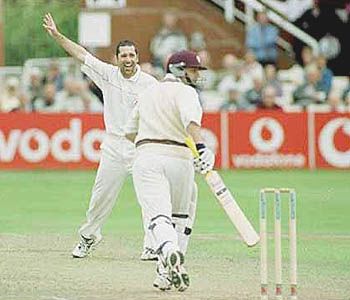 Joe Scuderi celebrates after taking the wicket of Lathwell