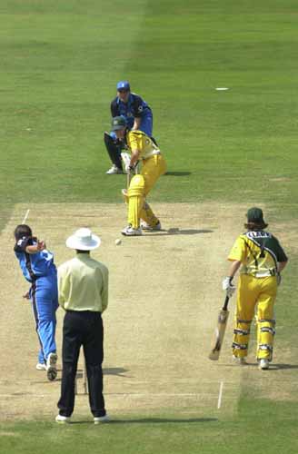 Clare Taylor bowls to Keightley from the Nursery End