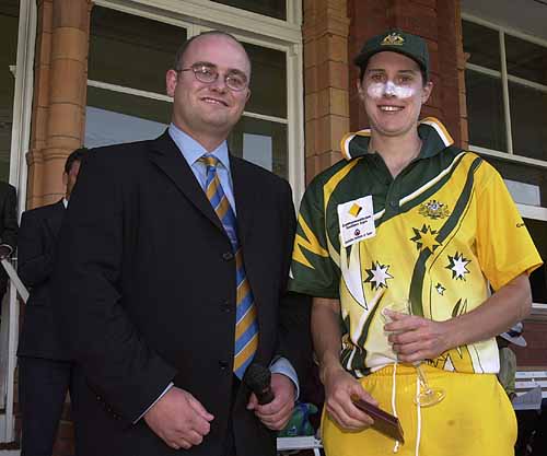 Therese McGregor receives her CricInfo Player of the Match award from Andrew Hall of CricInfo
