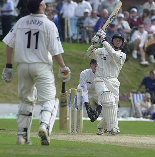 Fairbrother whacks a six over long on at the Blackpool Stanley Park ground