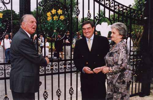 Tom Graveney, Tony Lewis and Enid Wooller at the opening of the Wilf Wooller Memorial Gates.
