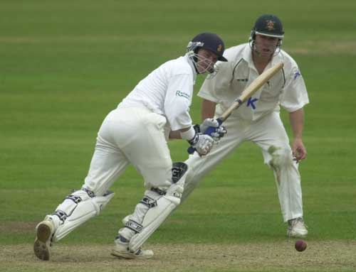 Dowman takes a delivery from Boje at the Grandstand end. Frizzell County Championship, Derbyshire v Notts, 2002.