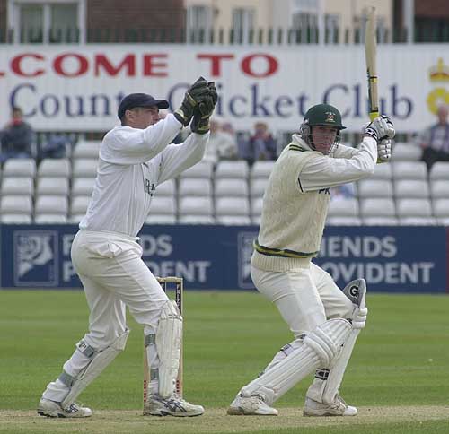 Derby keeper Krikken with a fine high take as Pietersen misses with a drive