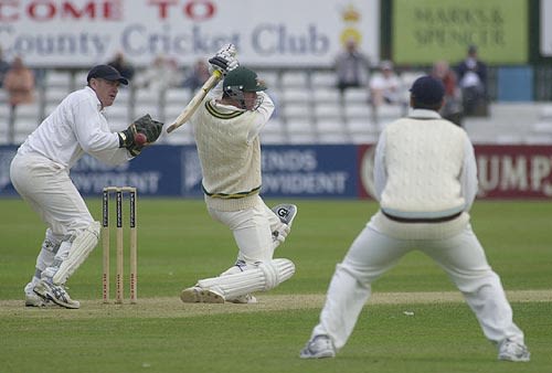 Notts centurion Pietersen has a swipe at the ball but can only deflect it past Krikken