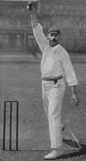 Arthur Mold bowling, around 1897