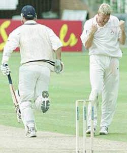 Peter Martin celebrates trapping McCague LBW