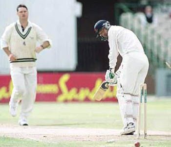Joe Scuderi is bowled out by Martin McCague