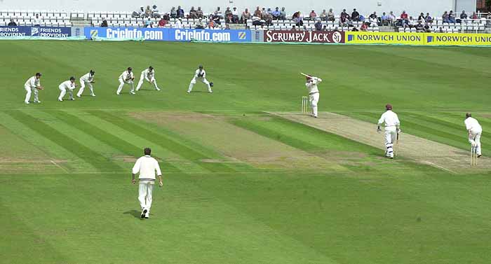 Alec Swann plays a Fleming delivery to the off as the Kent slips wait to pounce.