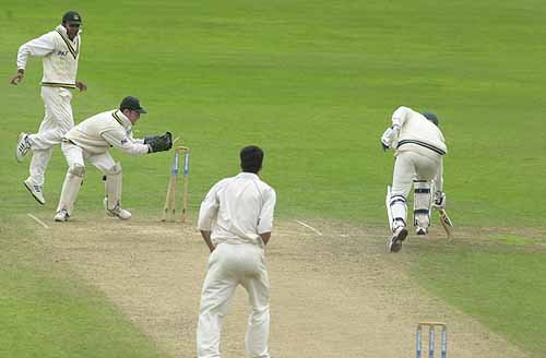 Paul Pollard is run out for 22 in the Worcs second innings