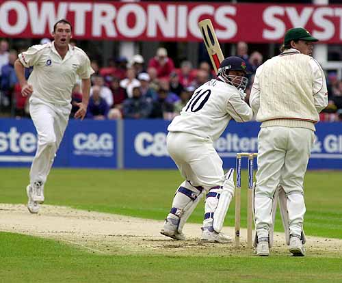Warren Hegg batting in the early wreckage of the Lancs innings
