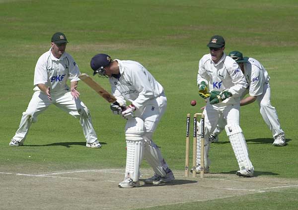 Laraman is bowled for 5 by Stuart MacGill