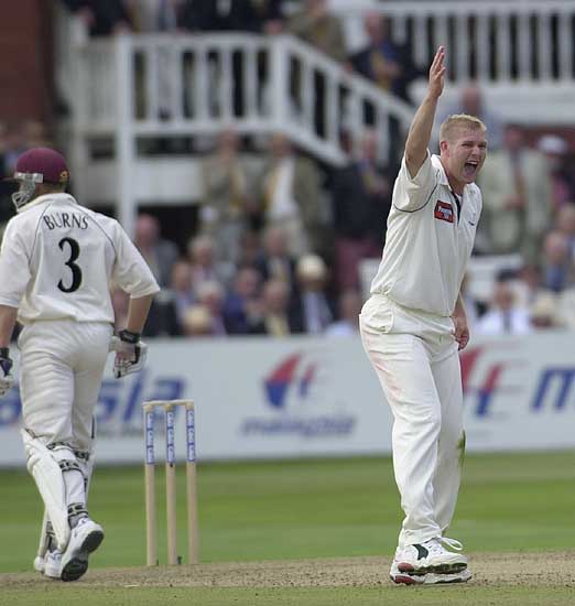 Michael Burns has not even waited to see the umpire's finger go up .  He was out lbw to Hoggard for 21