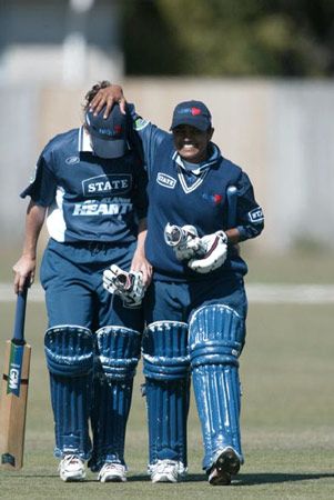 Watson and Soma leave the field at the end of the match. State League Final: Canterbury Women v Auckland Women at Christchurch, 22 Feb 2003