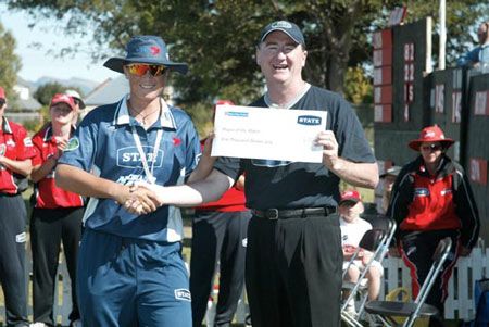 Rolls receives the Player of the Match award. State League Final: Canterbury Women v Auckland Women at Christchurch, 22 Feb 2003