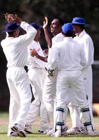 Mario Villavarayan celebrates, SL Board XI v Australians, 1999/00
