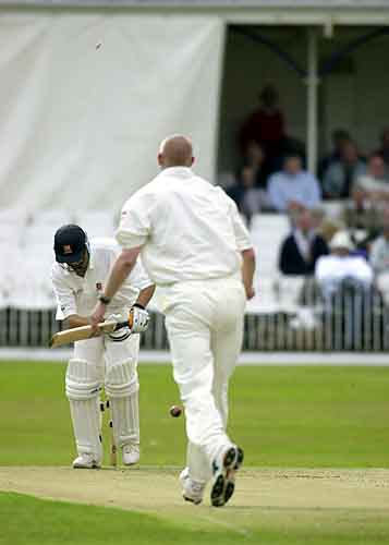 In the little play the weather allowed Paul Grayson is here bowled by Hoggard for 2
