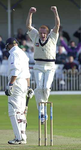 Steven Kirby has gained the wicket of Richard Clinton in the Essex second innings