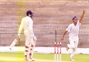 RS Sodhi exults at the fall of Kumble's wicket