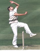 Darren Thomas in his bowling stride at Lord's in the 1996 Benson and Hedges Cup match between Glamorgan and Middlesex