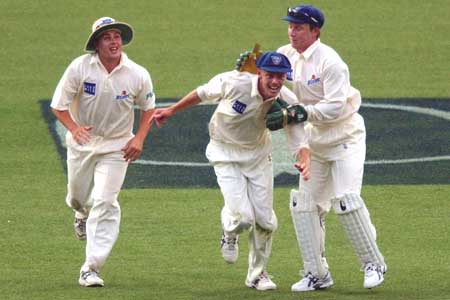 Mail celebrates a catch, New South Wales v Tasmania, Pura Cup, 2001/02