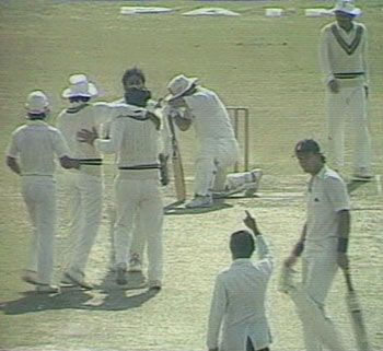 Mike Gatting cannot hide his disbelief after being given lbw by Shakeel Khan