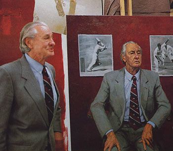 Keith Miller admires Michael Corkrey's painting