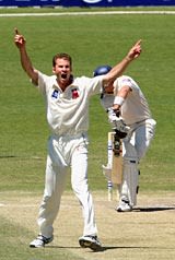 Paul Rofe traps David Hussey lbw for 7