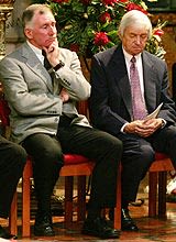 Richie Benaud and Ian Chappell pay their respects at Keith Miller's funeral