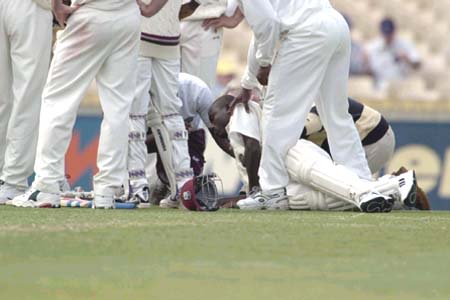 Jeremy surrounded by teammates after being hit by Nicholson, Western Australia v West Indians, 2000/01