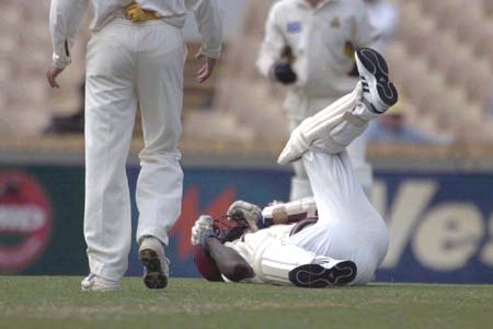 Jeremy on the ground after being hit by Nicholson, Western Australia v West Indians, 2000/01
