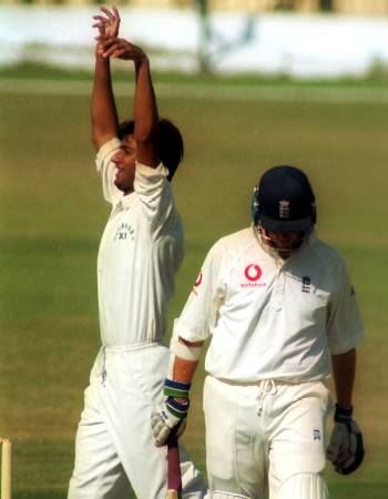Kashif celebrates the wicket of Trescothick on the 4th day