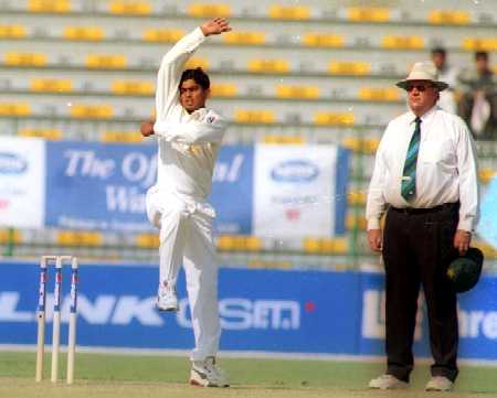 Test debutant Qaiser Abbas in his bowling stride