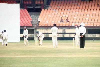Aware plays the forward defensive push to a ball from AnanthaPadmanabhan