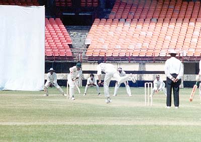 Goan skipper V Kolambkar directs the ball from T Yohannan towards square leg