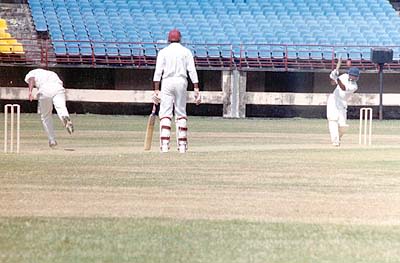 S Nair drives through long off to a ball from Aware