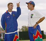 Andy Waller, Namibia's coach, chats with Deon Kotze