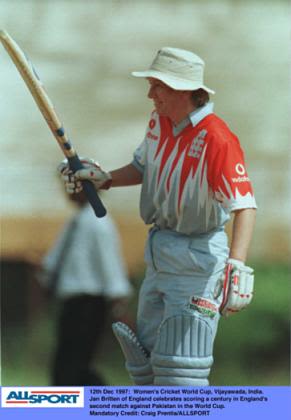 Women's World Cup - Jan Brittin celebrates her century v Pakistan
