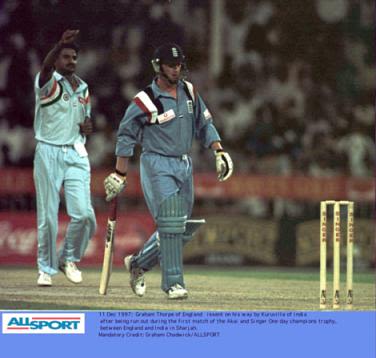 Graham Thorpe is sent on his way by Kuruvilla in the England v India match
