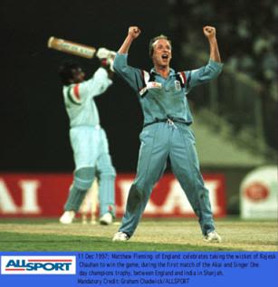 England v India, 11 Dec 1997: Fleming celebrates as Chauhan is bowled