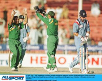 Manzoor Akthar celebrates after bowling Stewart 1997