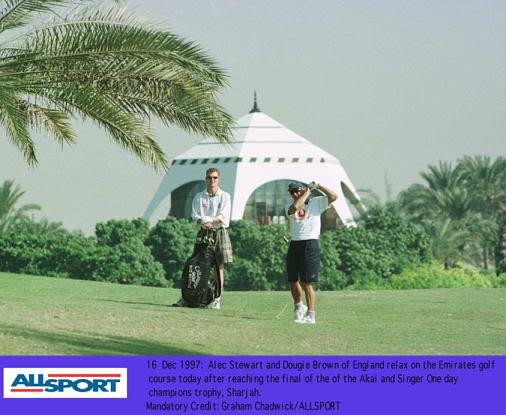 England's Dougie Brown and Alec Stewart relax on the golf course
