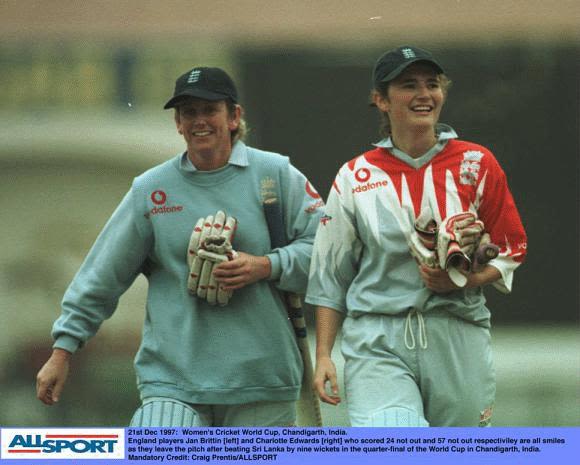 Charlotte Edwards and Jan Brittin after England's win over Sri Lanka, 1997