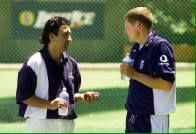 Abdul Qadir gives advice to Peter Such in the nets