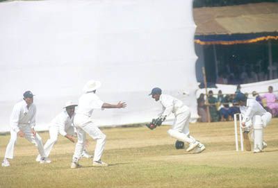 Keeper Youraj Singh 'catches' Oasis who is given not out